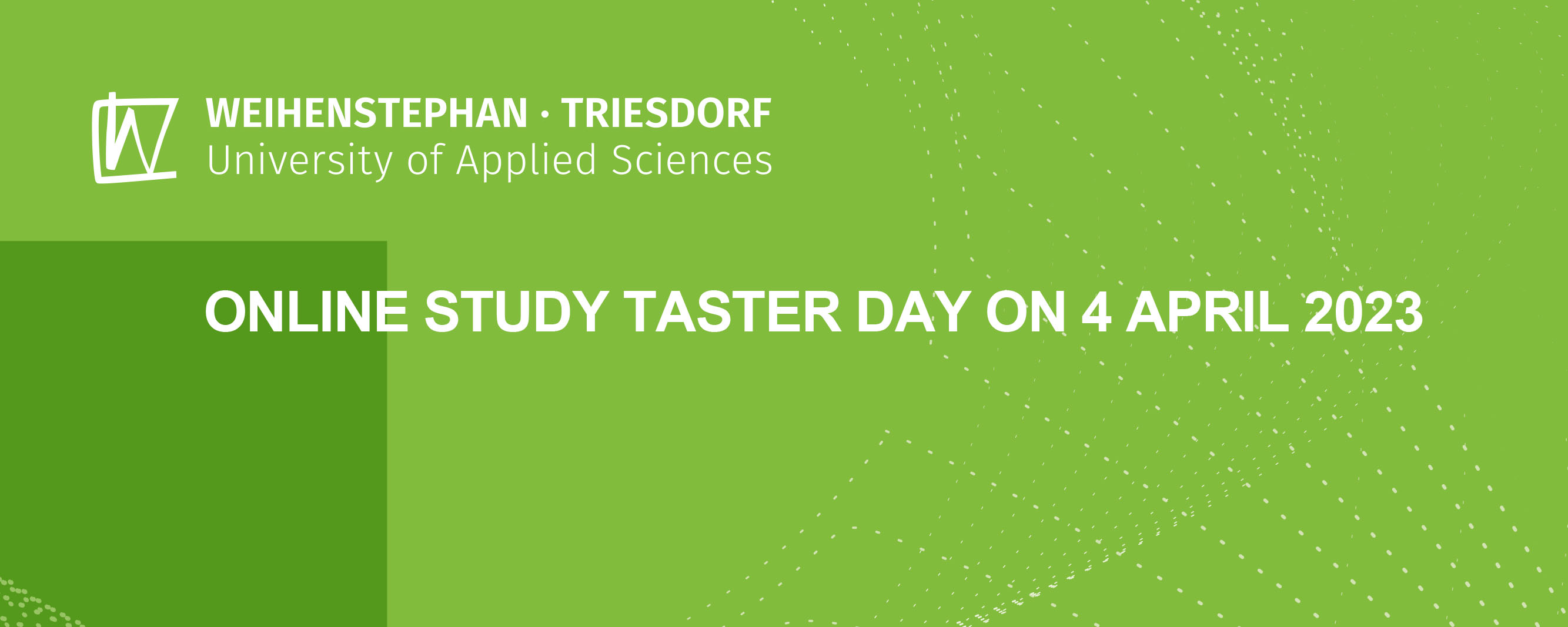 slide - Banner with green background and logo of the Weihenstephan-Trieddorf University of Applied Sciences. Foreground reference to the event
