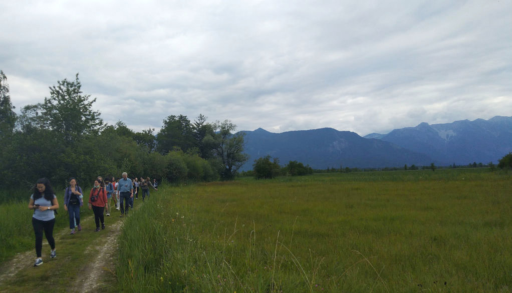 group photo, group on field path, mountains in the background