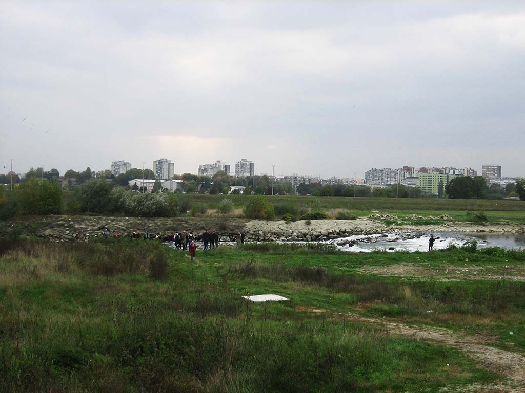 Students explore the embankments and the landscape along the Sava River