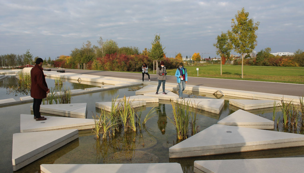 photo group students on plates in water surface background trees and meadow